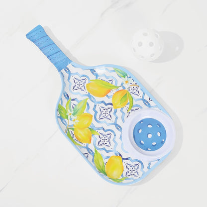 Lovely Lemon Melamine Chip and Dip Snack Tray, Citrus Garden Pickleball Paddle Shape Platter for Chips, Salsa, Fruits, and Appetizers, 15.75 x 8 Inch