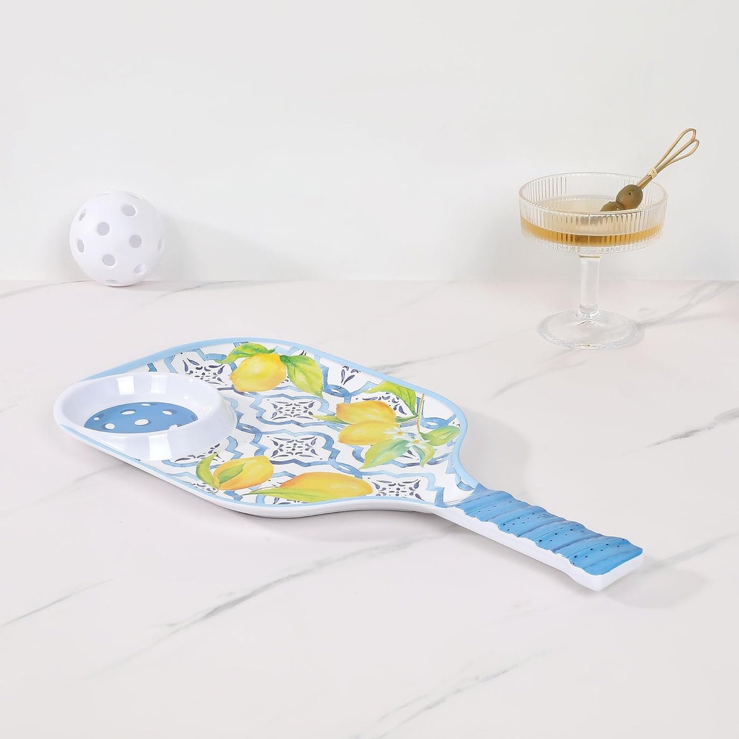 Lovely Lemon Melamine Chip and Dip Snack Tray, Citrus Garden Pickleball Paddle Shape Platter for Chips, Salsa, Fruits, and Appetizers, 15.75 x 8 Inch