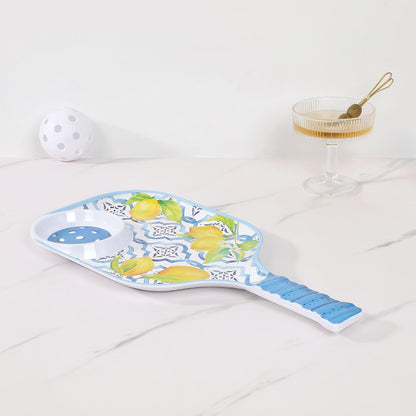 Lovely Lemon Melamine Chip and Dip Snack Tray, Citrus Garden Pickleball Paddle Shape Platter for Chips, Salsa, Fruits, and Appetizers, 15.75 x 8 Inch