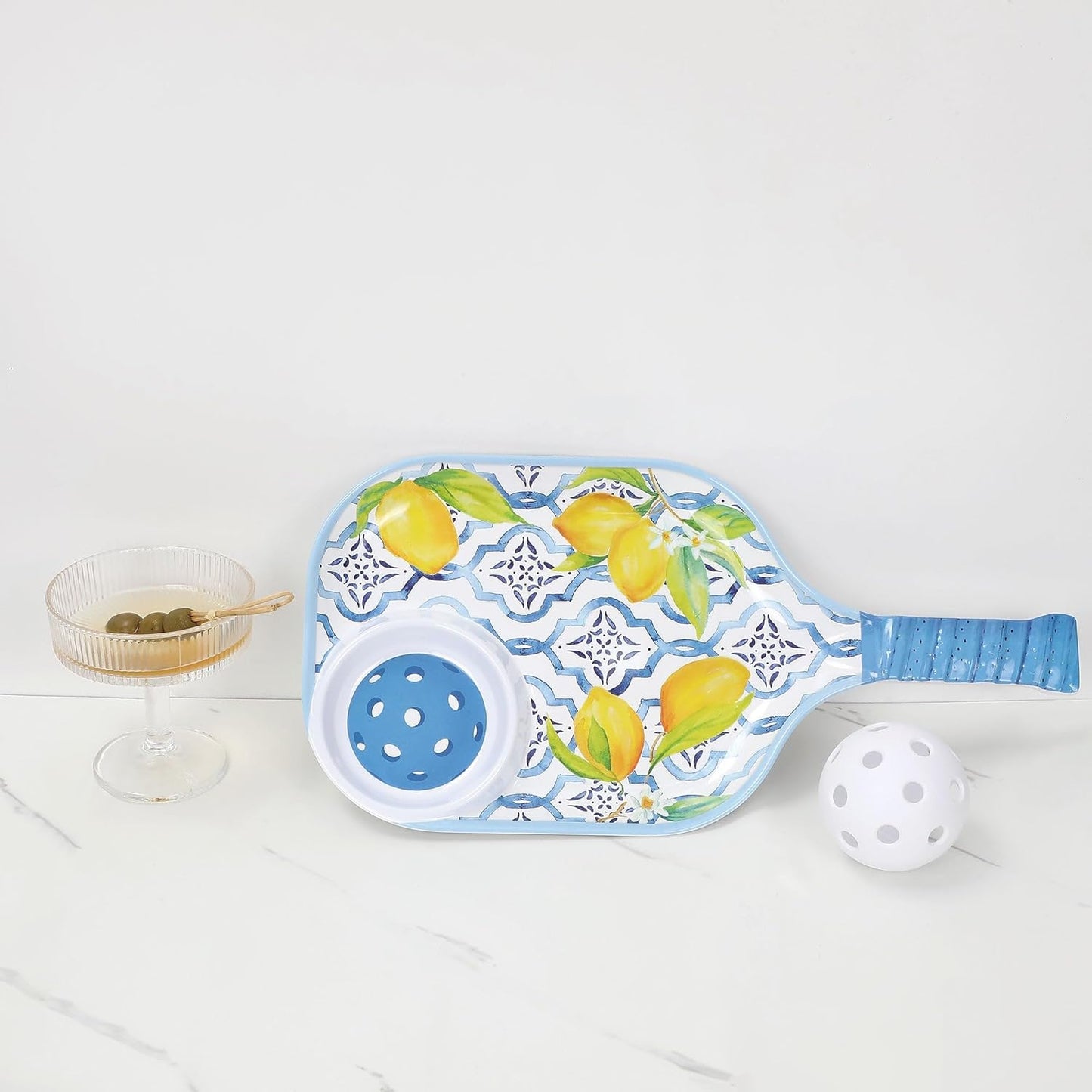 Lovely Lemon Melamine Chip and Dip Snack Tray, Citrus Garden Pickleball Paddle Shape Platter for Chips, Salsa, Fruits, and Appetizers, 15.75 x 8 Inch