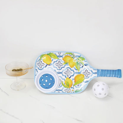 Lovely Lemon Melamine Chip and Dip Snack Tray, Citrus Garden Pickleball Paddle Shape Platter for Chips, Salsa, Fruits, and Appetizers, 15.75 x 8 Inch