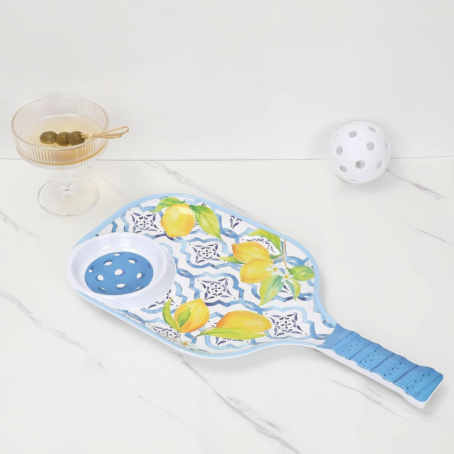 Lovely Lemon Melamine Chip and Dip Snack Tray, Citrus Garden Pickleball Paddle Shape Platter for Chips, Salsa, Fruits, and Appetizers, 15.75 x 8 Inch