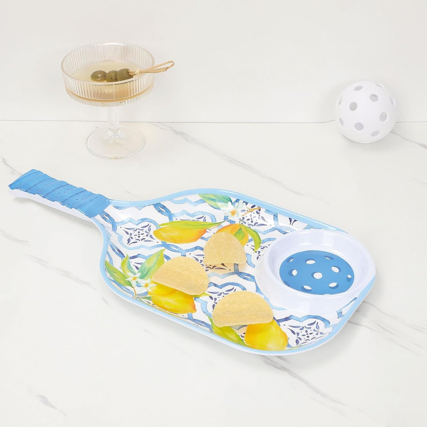 Lovely Lemon Melamine Chip and Dip Snack Tray, Citrus Garden Pickleball Paddle Shape Platter for Chips, Salsa, Fruits, and Appetizers, 15.75 x 8 Inch