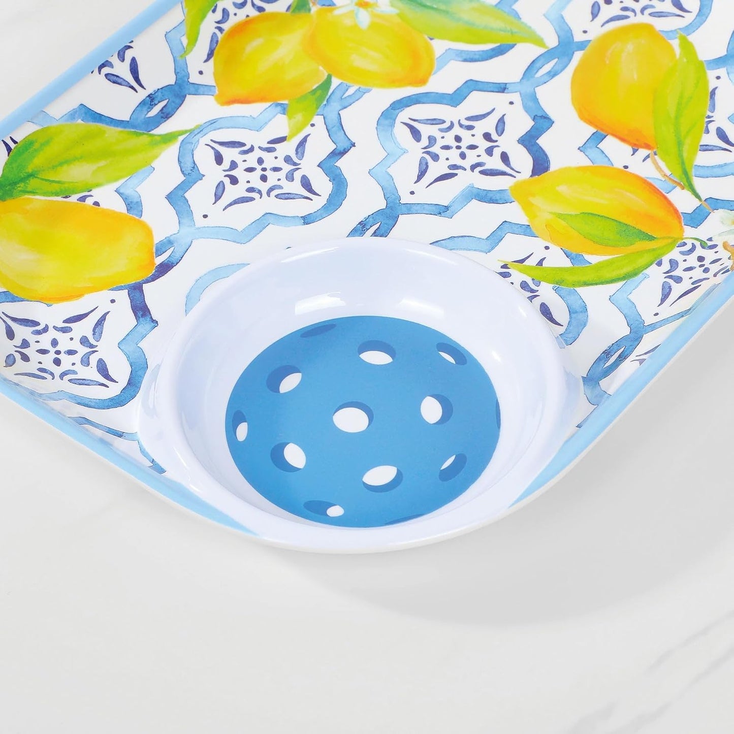 Lovely Lemon Melamine Chip and Dip Snack Tray, Citrus Garden Pickleball Paddle Shape Platter for Chips, Salsa, Fruits, and Appetizers, 15.75 x 8 Inch