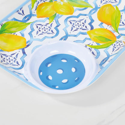 Lovely Lemon Melamine Chip and Dip Snack Tray, Citrus Garden Pickleball Paddle Shape Platter for Chips, Salsa, Fruits, and Appetizers, 15.75 x 8 Inch