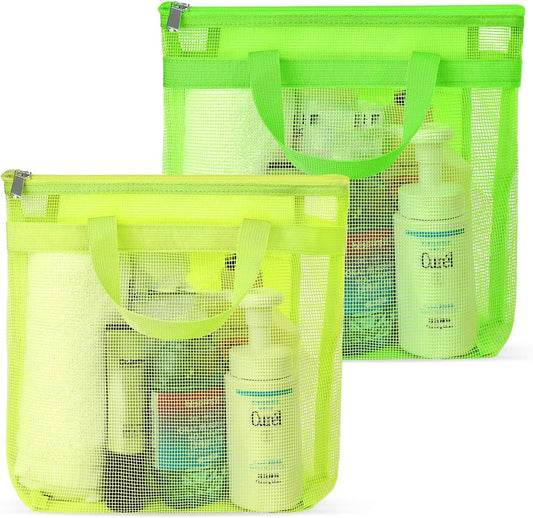 Portable Mesh Shower Caddy Tote, Quick Dry Tote Bag Mesh Beach Bags for Women, Hanging Toiletry and Bath Organizer for Travel Swimming Sports Gym Camp Shopping College Dorms (2pcs,Green-Yellow)