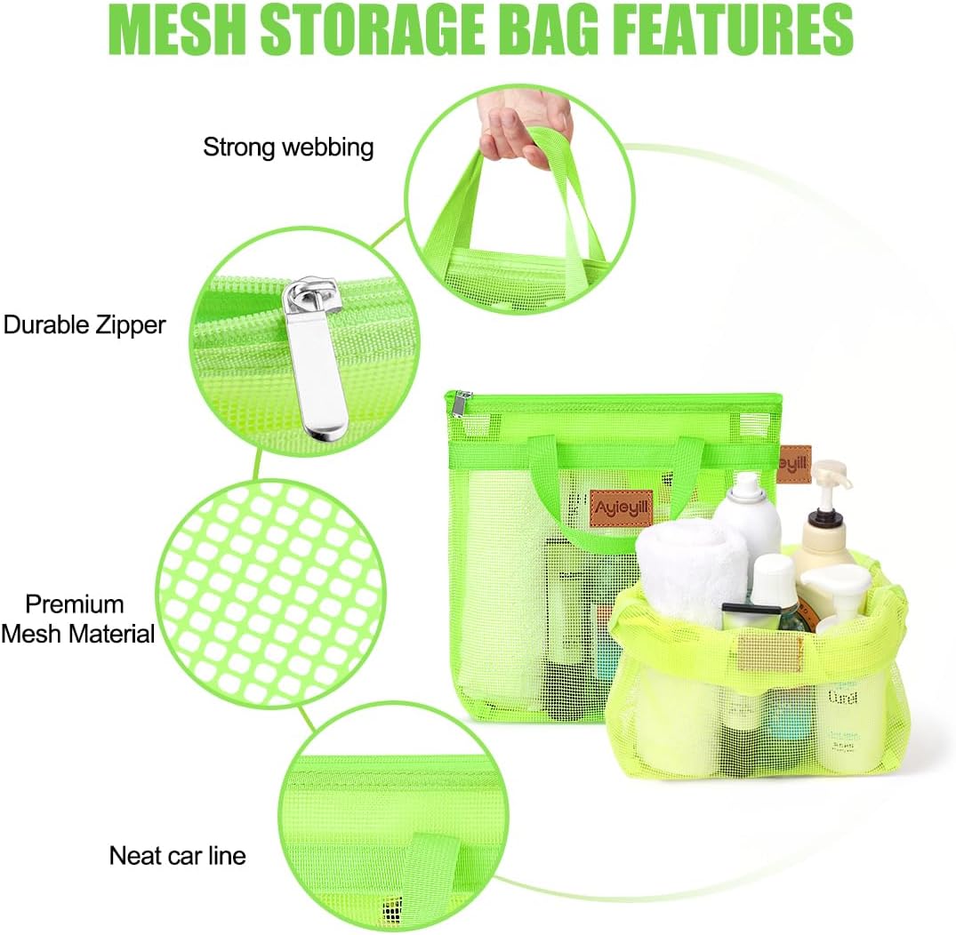 Portable Mesh Shower Caddy Tote, Quick Dry Tote Bag Mesh Beach Bags for Women, Hanging Toiletry and Bath Organizer for Travel Swimming Sports Gym Camp Shopping College Dorms (2pcs,Green-Yellow)