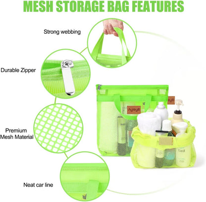 Portable Mesh Shower Caddy Tote, Quick Dry Tote Bag Mesh Beach Bags for Women, Hanging Toiletry and Bath Organizer for Travel Swimming Sports Gym Camp Shopping College Dorms (2pcs,Green-Yellow)