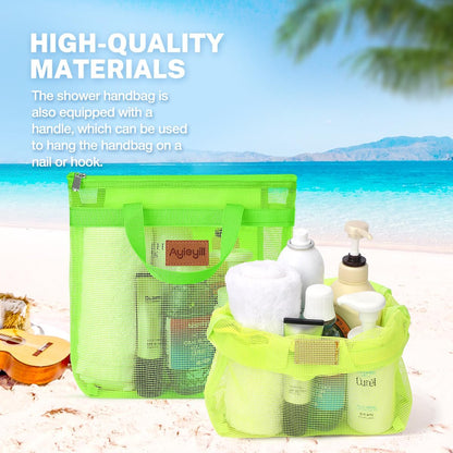 Portable Mesh Shower Caddy Tote, Quick Dry Tote Bag Mesh Beach Bags for Women, Hanging Toiletry and Bath Organizer for Travel Swimming Sports Gym Camp Shopping College Dorms (2pcs,Green-Yellow)