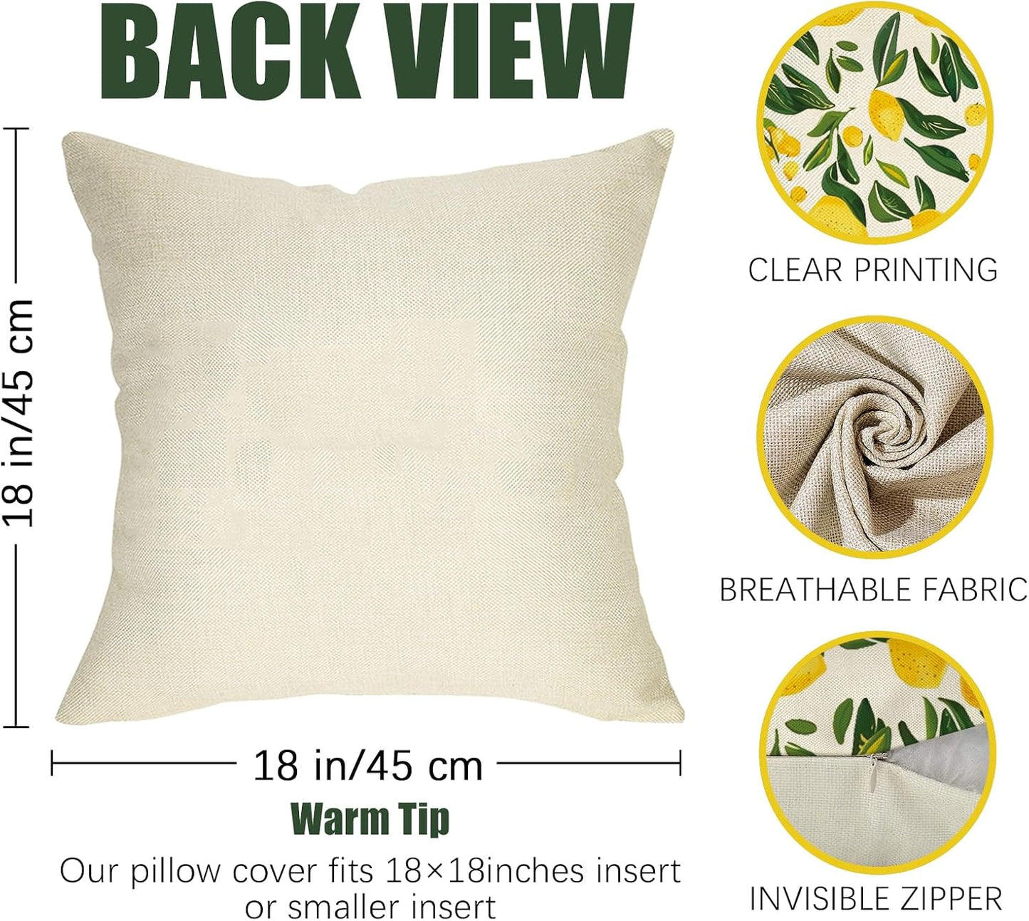 Lemon Throw Pillow Cover 18x18 Inch Summer Decorative Pillow Case, Yellow Lemons Green Leaves Farmhouse Cushion Cover for Couch Sofa Bedroom Patio Outdoor Living Room Seasonal Home Decor, Single Cover