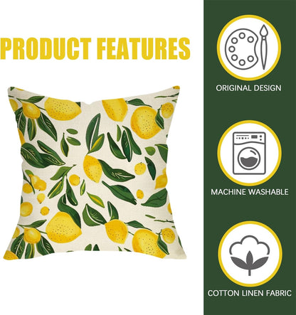 Lemon Throw Pillow Cover 18x18 Inch Summer Decorative Pillow Case, Yellow Lemons Green Leaves Farmhouse Cushion Cover for Couch Sofa Bedroom Patio Outdoor Living Room Seasonal Home Decor, Single Cover