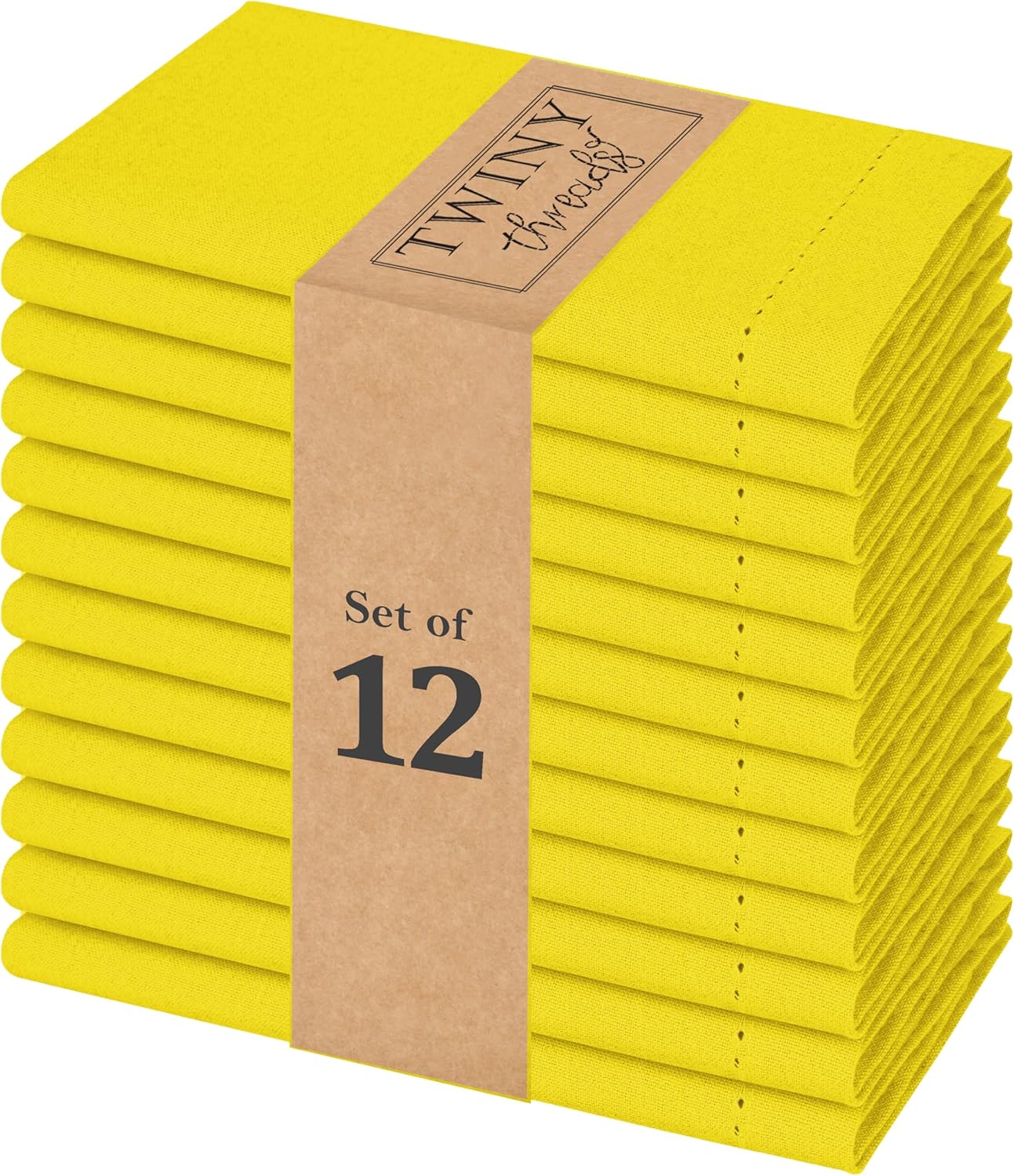 Hemstitch Cloth Napkins 18"x18" - 100% Cotton, Soft, Absorbent, Reusable, Washable Napkins - Set of 12 - Ideal for Weddings, Birthday Parties, Baby Showers, Everyday Use - Lemon Yellow