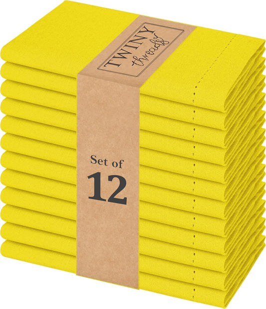 Hemstitch Cloth Napkins 18"x18" - 100% Cotton, Soft, Absorbent, Reusable, Washable Napkins - Set of 12 - Ideal for Weddings, Birthday Parties, Baby Showers, Everyday Use - Lemon Yellow
