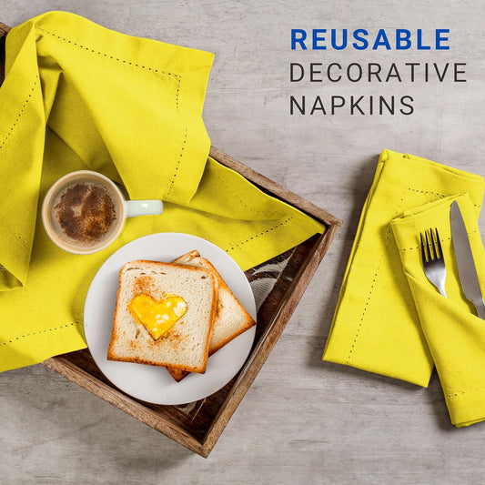 Hemstitch Cloth Napkins 18"x18" - 100% Cotton, Soft, Absorbent, Reusable, Washable Napkins - Set of 12 - Ideal for Weddings, Birthday Parties, Baby Showers, Everyday Use - Lemon Yellow