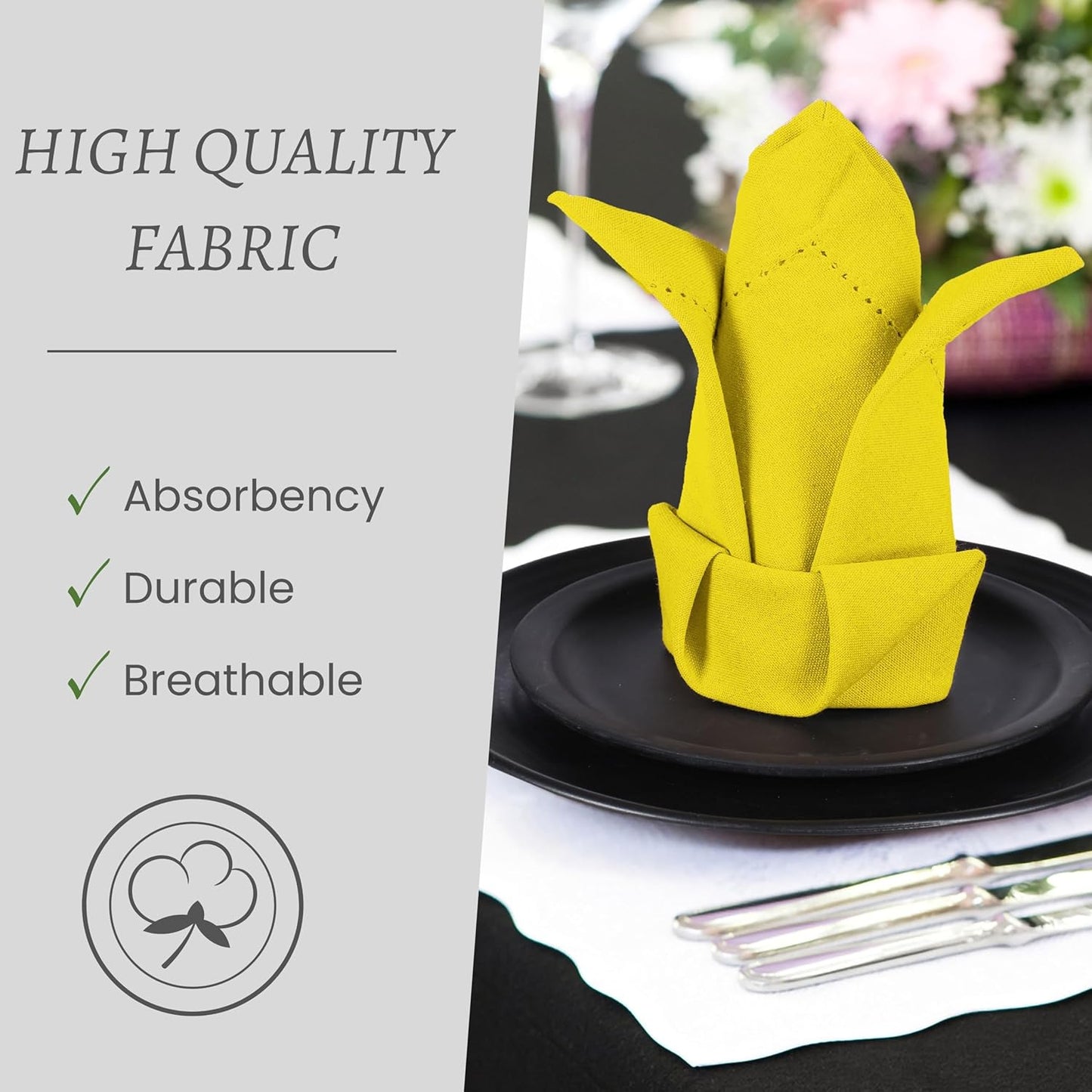 Hemstitch Cloth Napkins 18"x18" - 100% Cotton, Soft, Absorbent, Reusable, Washable Napkins - Set of 12 - Ideal for Weddings, Birthday Parties, Baby Showers, Everyday Use - Lemon Yellow