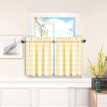 Buffalo Check Tier Curtains for Kitchen, Thick Yarn Dyed Buffalo Plaid Gingham Rod Pocket Farmhouse Cafe Bathroom Curtains, Short Kitchen Window Curtains,28" W x 24" L, Yellow/White, Set of 2