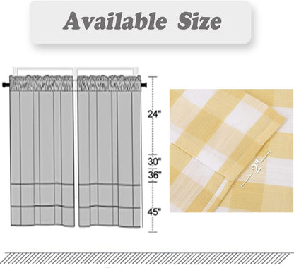Buffalo Check Tier Curtains for Kitchen, Thick Yarn Dyed Buffalo Plaid Gingham Rod Pocket Farmhouse Cafe Bathroom Curtains, Short Kitchen Window Curtains,28" W x 24" L, Yellow/White, Set of 2