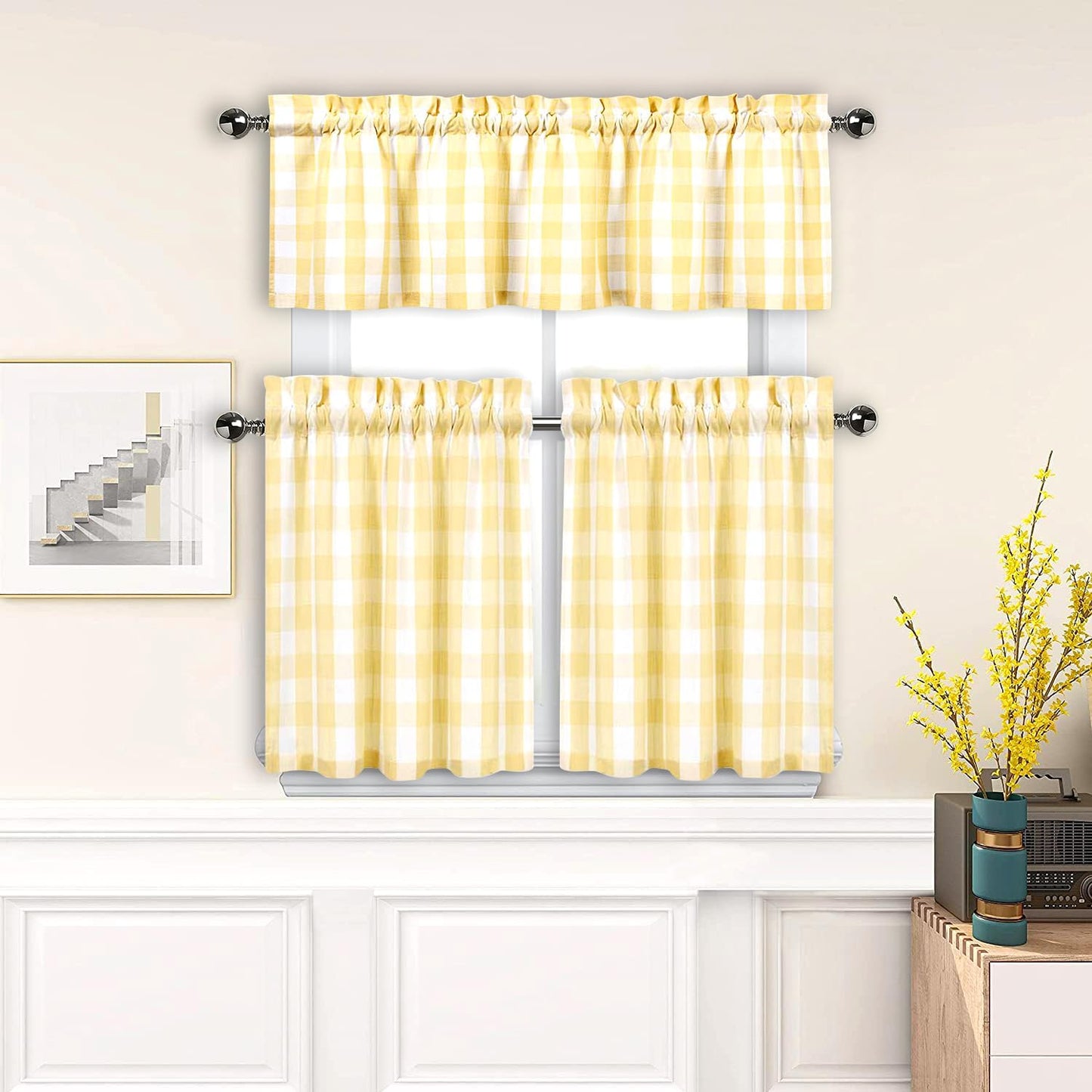 Buffalo Check Tier Curtains for Kitchen, Thick Yarn Dyed Buffalo Plaid Gingham Rod Pocket Farmhouse Cafe Bathroom Curtains, Short Kitchen Window Curtains,28" W x 24" L, Yellow/White, Set of 2