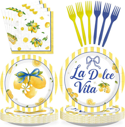 96 Pcs La Dolce Vita Party Decorations, Serves 24 | Italian Bridal Shower Plates and Napkins Yellow Lemon Citrus Tableware Set for Bridal Shower Bachelorette Wedding Summer