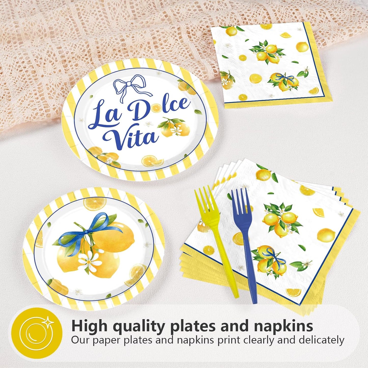 96 Pcs La Dolce Vita Party Decorations, Serves 24 | Italian Bridal Shower Plates and Napkins Yellow Lemon Citrus Tableware Set for Bridal Shower Bachelorette Wedding Summer