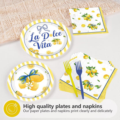 96 Pcs La Dolce Vita Party Decorations, Serves 24 | Italian Bridal Shower Plates and Napkins Yellow Lemon Citrus Tableware Set for Bridal Shower Bachelorette Wedding Summer