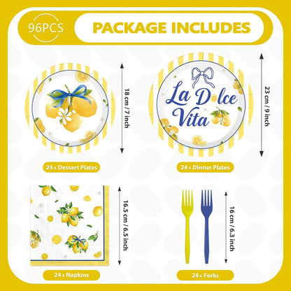 96 Pcs La Dolce Vita Party Decorations, Serves 24 | Italian Bridal Shower Plates and Napkins Yellow Lemon Citrus Tableware Set for Bridal Shower Bachelorette Wedding Summer