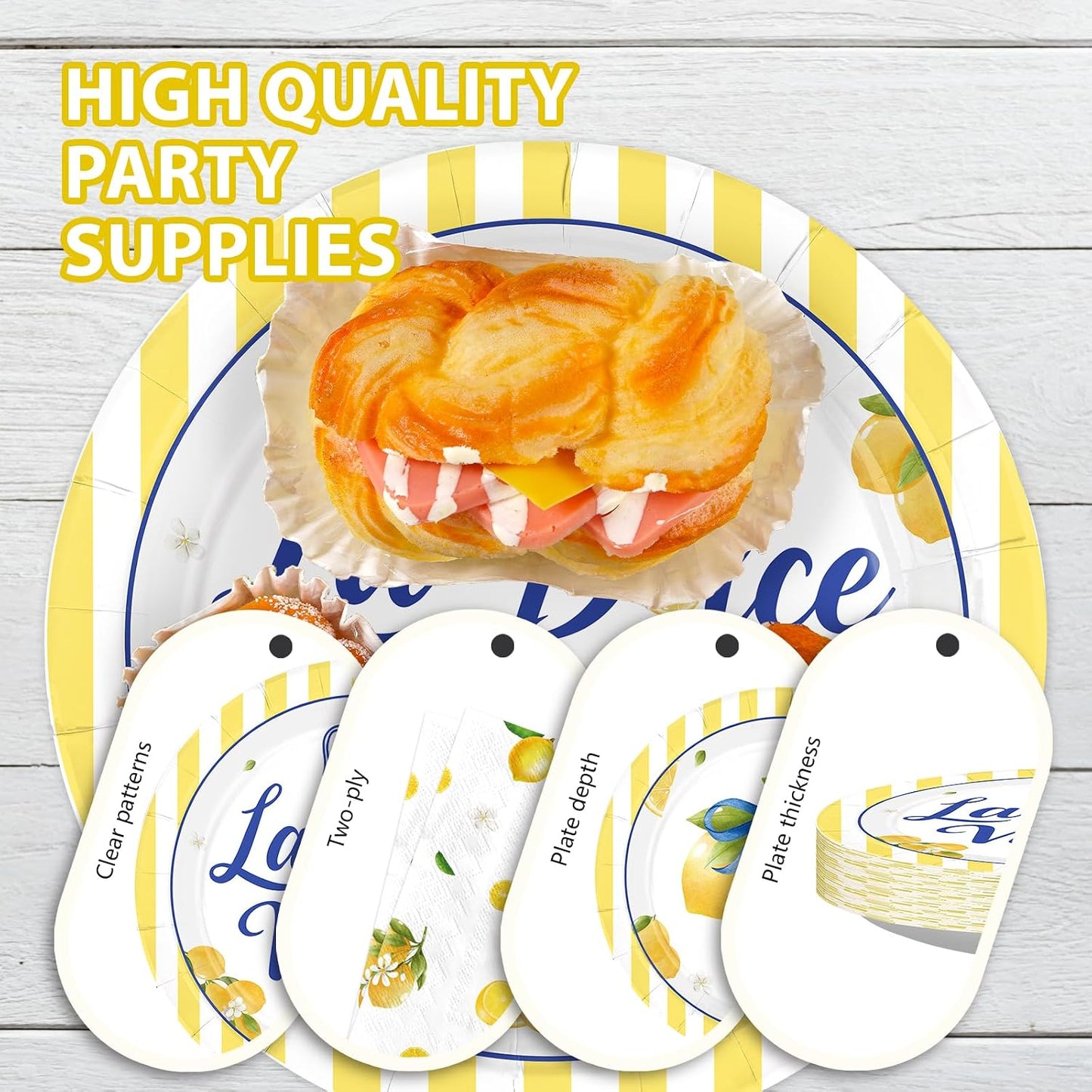 96 Pcs La Dolce Vita Party Decorations, Serves 24 | Italian Bridal Shower Plates and Napkins Yellow Lemon Citrus Tableware Set for Bridal Shower Bachelorette Wedding Summer