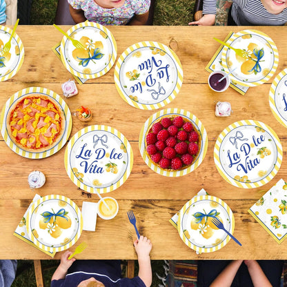 96 Pcs La Dolce Vita Party Decorations, Serves 24 | Italian Bridal Shower Plates and Napkins Yellow Lemon Citrus Tableware Set for Bridal Shower Bachelorette Wedding Summer
