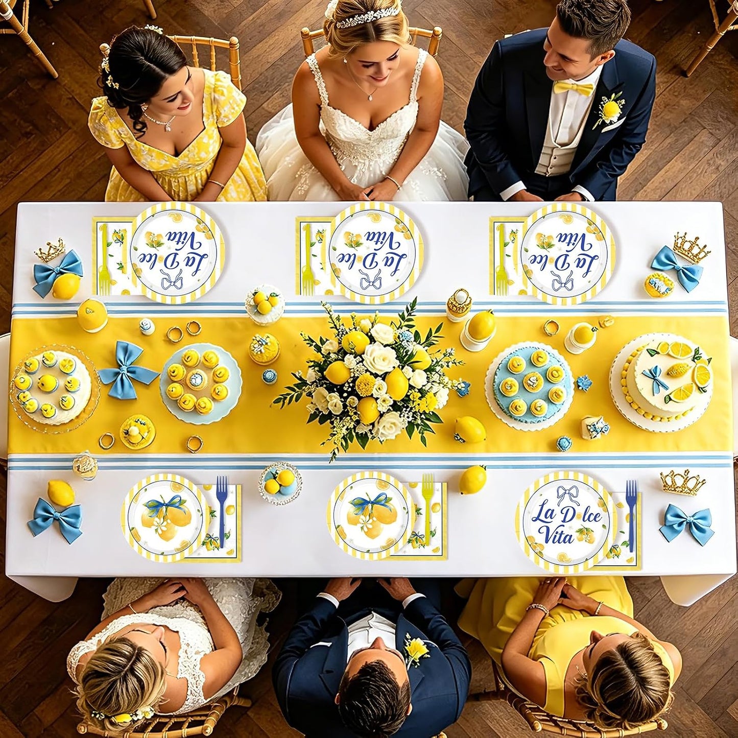 96 Pcs La Dolce Vita Party Decorations, Serves 24 | Italian Bridal Shower Plates and Napkins Yellow Lemon Citrus Tableware Set for Bridal Shower Bachelorette Wedding Summer