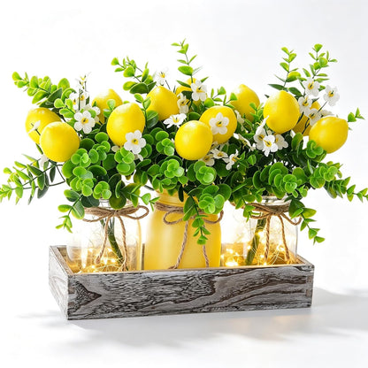 Summer Lemon Mason Jar Centerpiece Set of 3 with Wood Tray | Farmhouse Centerpiece for Dining Table, Coffee Table, Kitchen, Living Room, Spring & Summerween Home Decorations