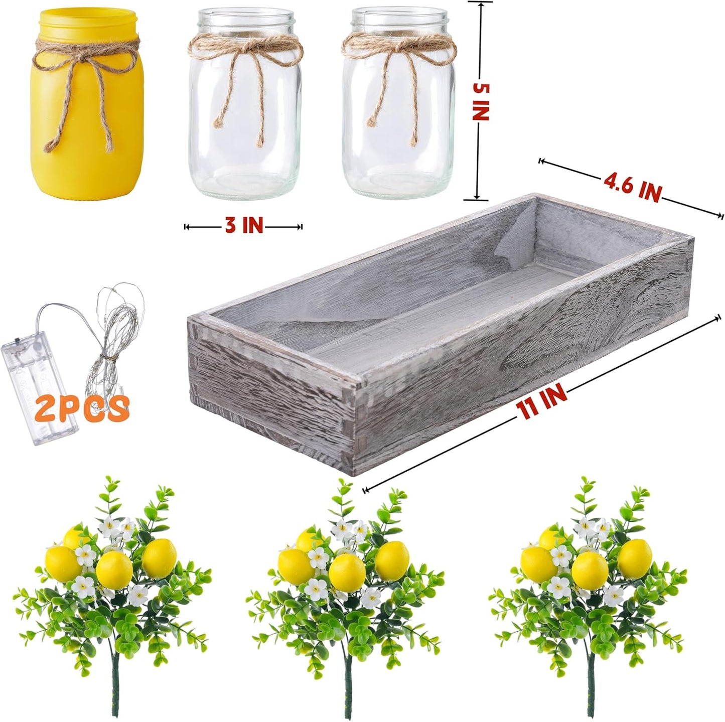 Summer Lemon Mason Jar Centerpiece Set of 3 with Wood Tray | Farmhouse Centerpiece for Dining Table, Coffee Table, Kitchen, Living Room, Spring & Summerween Home Decorations