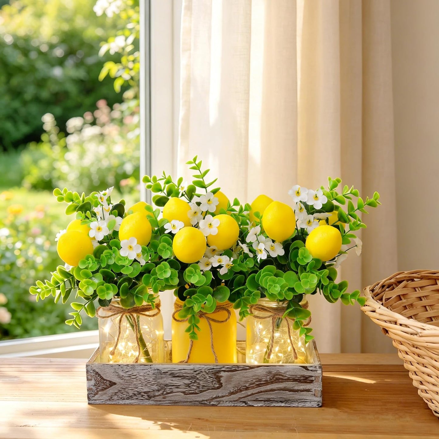 Summer Lemon Mason Jar Centerpiece Set of 3 with Wood Tray | Farmhouse Centerpiece for Dining Table, Coffee Table, Kitchen, Living Room, Spring & Summerween Home Decorations