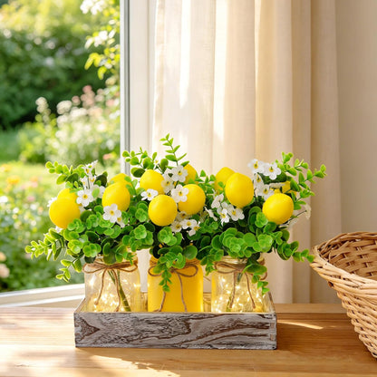 Summer Lemon Mason Jar Centerpiece Set of 3 with Wood Tray | Farmhouse Centerpiece for Dining Table, Coffee Table, Kitchen, Living Room, Spring & Summerween Home Decorations