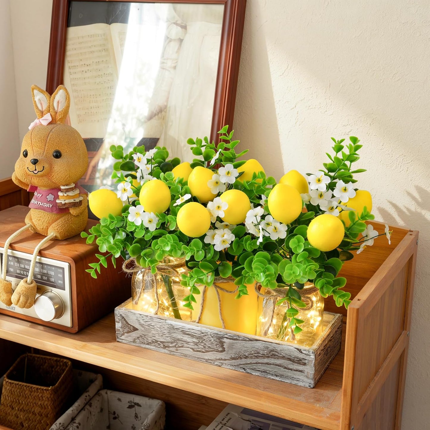 Summer Lemon Mason Jar Centerpiece Set of 3 with Wood Tray | Farmhouse Centerpiece for Dining Table, Coffee Table, Kitchen, Living Room, Spring & Summerween Home Decorations