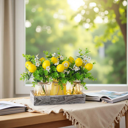 Summer Lemon Mason Jar Centerpiece Set of 3 with Wood Tray | Farmhouse Centerpiece for Dining Table, Coffee Table, Kitchen, Living Room, Spring & Summerween Home Decorations