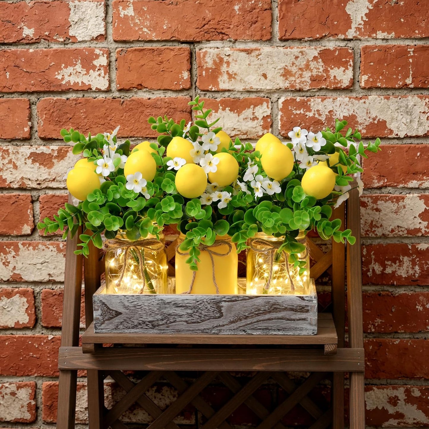 Summer Lemon Mason Jar Centerpiece Set of 3 with Wood Tray | Farmhouse Centerpiece for Dining Table, Coffee Table, Kitchen, Living Room, Spring & Summerween Home Decorations
