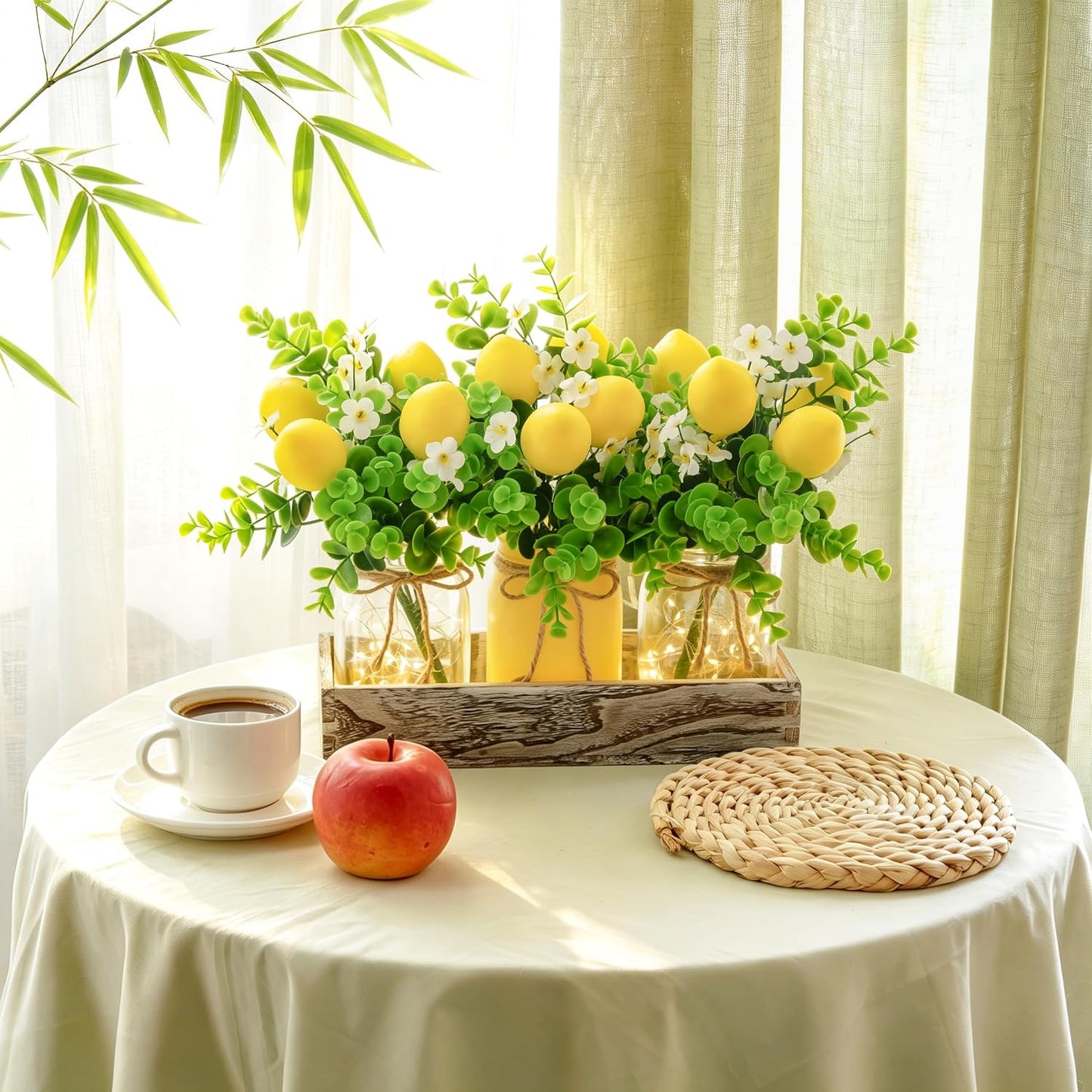 Summer Lemon Mason Jar Centerpiece Set of 3 with Wood Tray | Farmhouse Centerpiece for Dining Table, Coffee Table, Kitchen, Living Room, Spring & Summerween Home Decorations