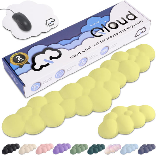 Cloud Keyboard Wrist Rest – Qloud Cloud Wrist Rest for Computer Keyboard and Mouse, Ergonomic Memory Foam Wrist Pad with Non-Slip Base, Includes Cloud Mouse Pad – Yellow