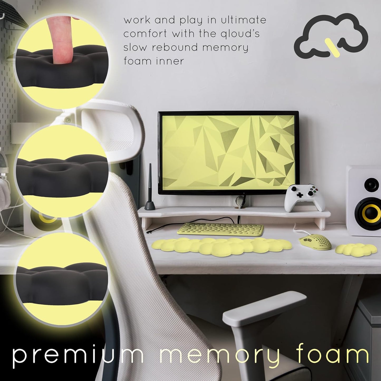 Cloud Keyboard Wrist Rest – Qloud Cloud Wrist Rest for Computer Keyboard and Mouse, Ergonomic Memory Foam Wrist Pad with Non-Slip Base, Includes Cloud Mouse Pad – Yellow