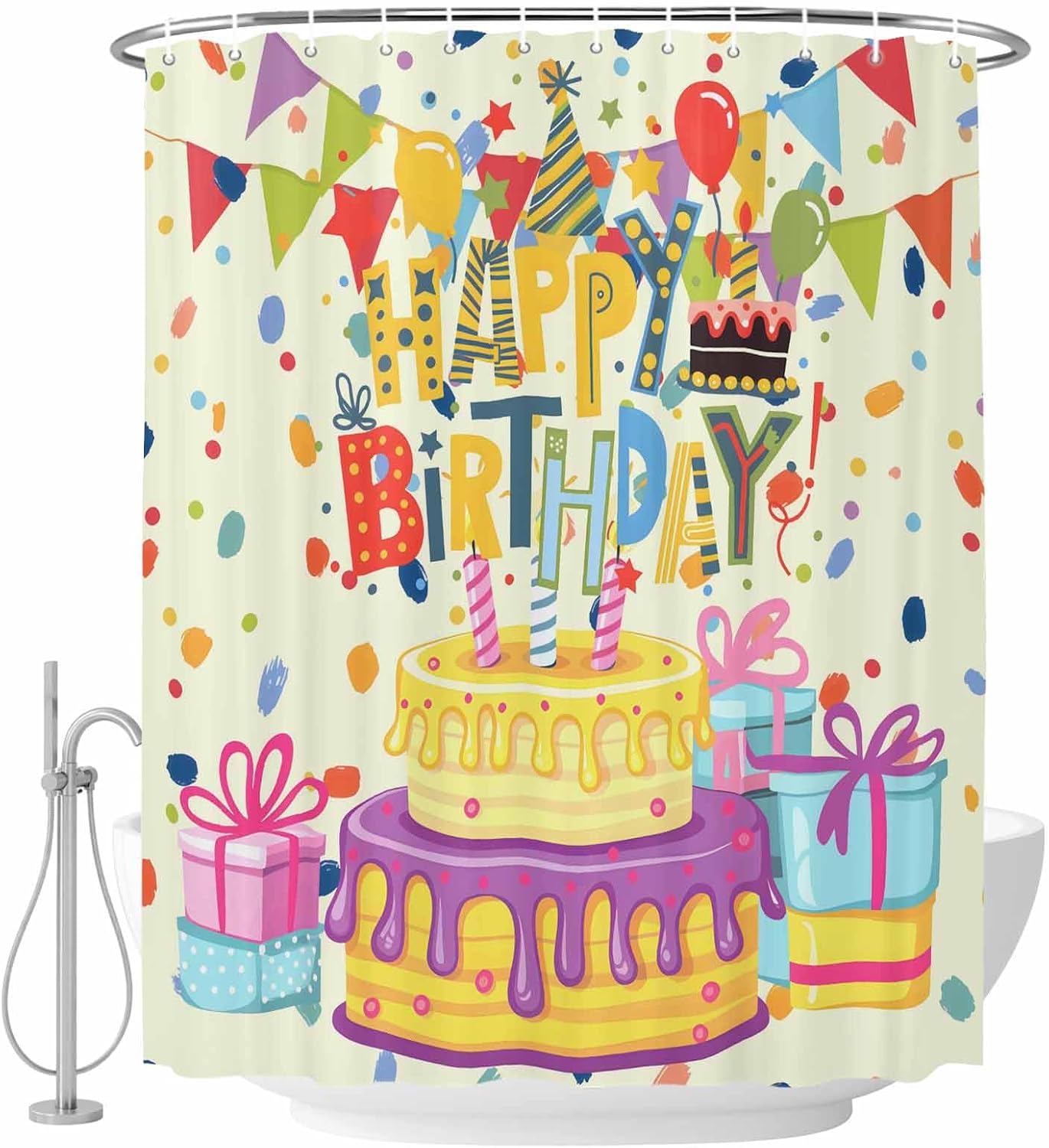 Shower Curtains Sets for Bathroom Decor Happy Birthday Text Waterproof Bathroom Curtain with Hooks, Cartoon Cake Ribbon Dots Quick Dry Bathtub Curtain 36x72in