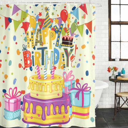 Shower Curtains Sets for Bathroom Decor Happy Birthday Text Waterproof Bathroom Curtain with Hooks, Cartoon Cake Ribbon Dots Quick Dry Bathtub Curtain 36x72in