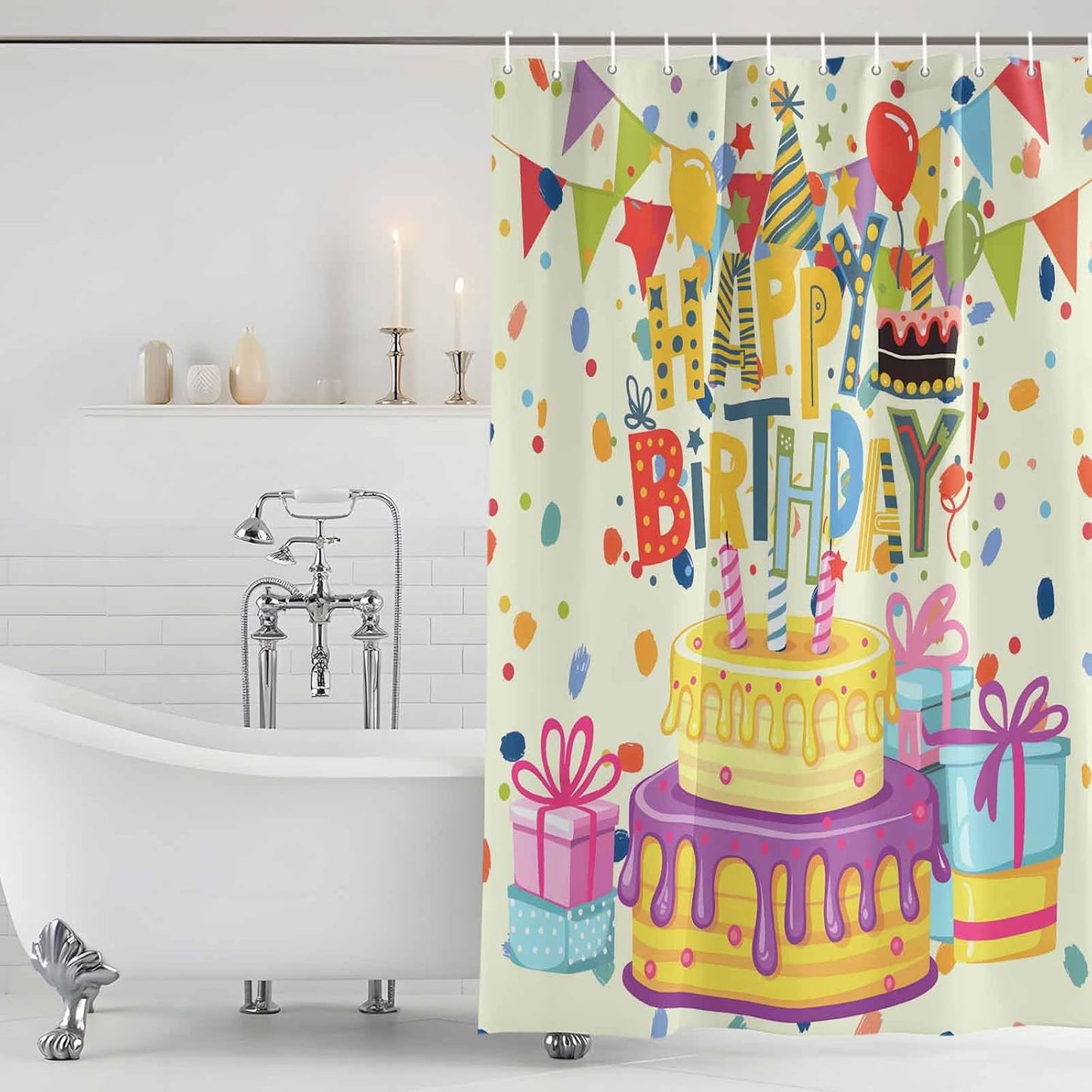 Shower Curtains Sets for Bathroom Decor Happy Birthday Text Waterproof Bathroom Curtain with Hooks, Cartoon Cake Ribbon Dots Quick Dry Bathtub Curtain 36x72in