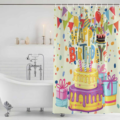 Shower Curtains Sets for Bathroom Decor Happy Birthday Text Waterproof Bathroom Curtain with Hooks, Cartoon Cake Ribbon Dots Quick Dry Bathtub Curtain 36x72in