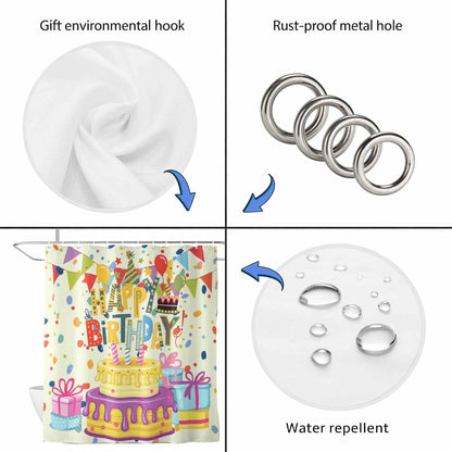 Shower Curtains Sets for Bathroom Decor Happy Birthday Text Waterproof Bathroom Curtain with Hooks, Cartoon Cake Ribbon Dots Quick Dry Bathtub Curtain 36x72in