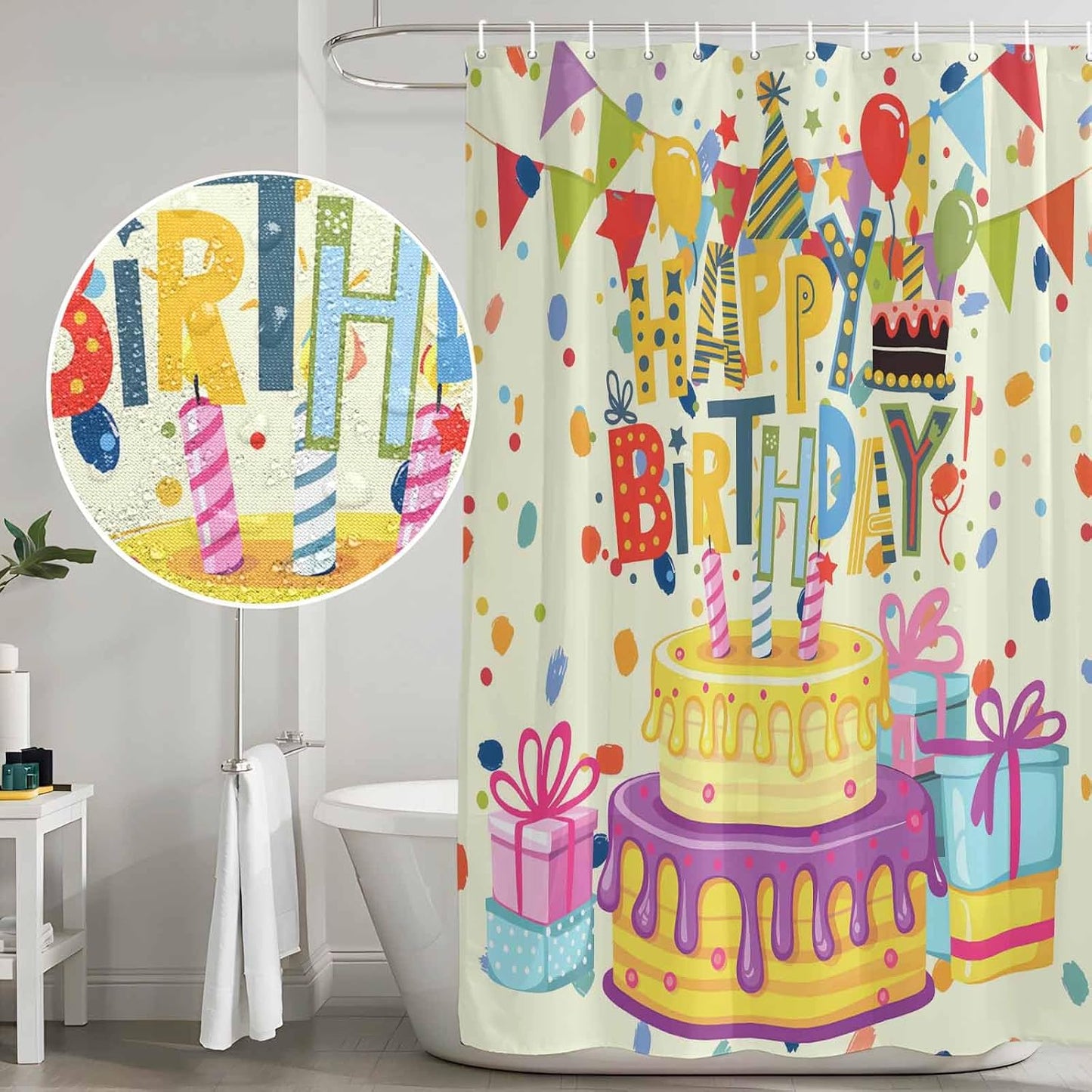 Shower Curtains Sets for Bathroom Decor Happy Birthday Text Waterproof Bathroom Curtain with Hooks, Cartoon Cake Ribbon Dots Quick Dry Bathtub Curtain 36x72in