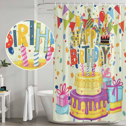 Shower Curtains Sets for Bathroom Decor Happy Birthday Text Waterproof Bathroom Curtain with Hooks, Cartoon Cake Ribbon Dots Quick Dry Bathtub Curtain 36x72in