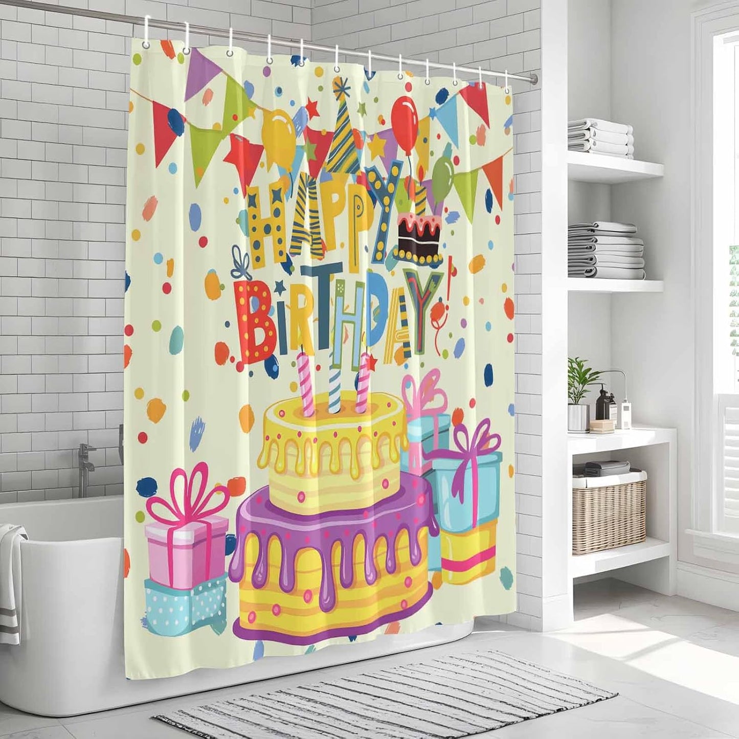 Shower Curtains Sets for Bathroom Decor Happy Birthday Text Waterproof Bathroom Curtain with Hooks, Cartoon Cake Ribbon Dots Quick Dry Bathtub Curtain 36x72in