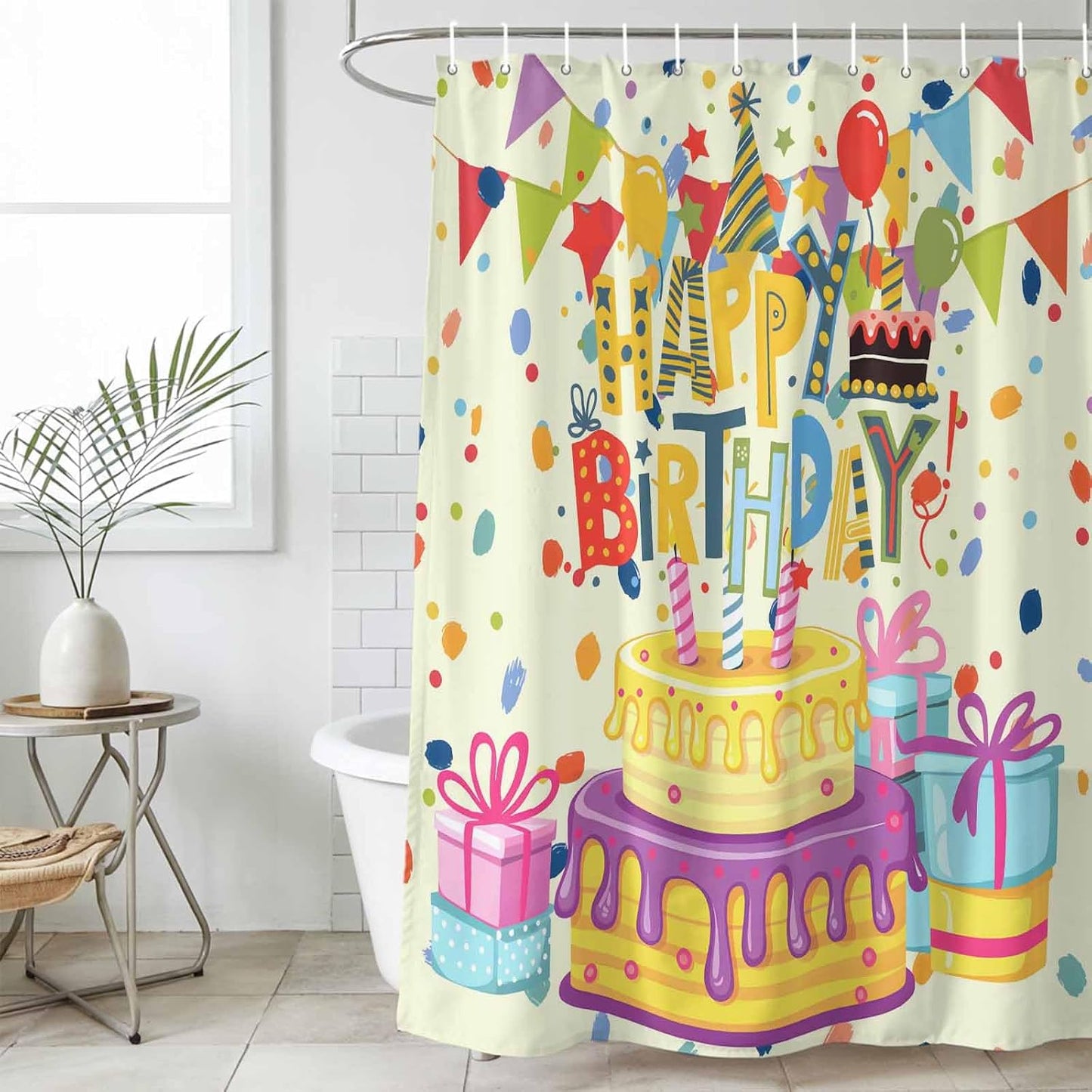Shower Curtains Sets for Bathroom Decor Happy Birthday Text Waterproof Bathroom Curtain with Hooks, Cartoon Cake Ribbon Dots Quick Dry Bathtub Curtain 36x72in