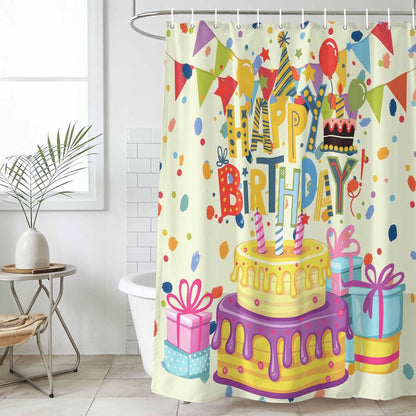 Shower Curtains Sets for Bathroom Decor Happy Birthday Text Waterproof Bathroom Curtain with Hooks, Cartoon Cake Ribbon Dots Quick Dry Bathtub Curtain 36x72in