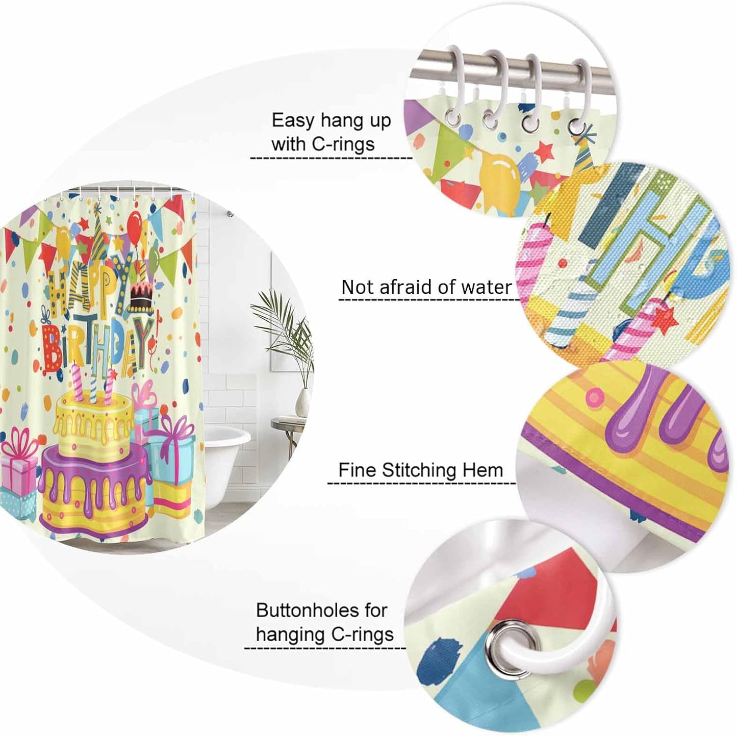 Shower Curtains Sets for Bathroom Decor Happy Birthday Text Waterproof Bathroom Curtain with Hooks, Cartoon Cake Ribbon Dots Quick Dry Bathtub Curtain 36x72in